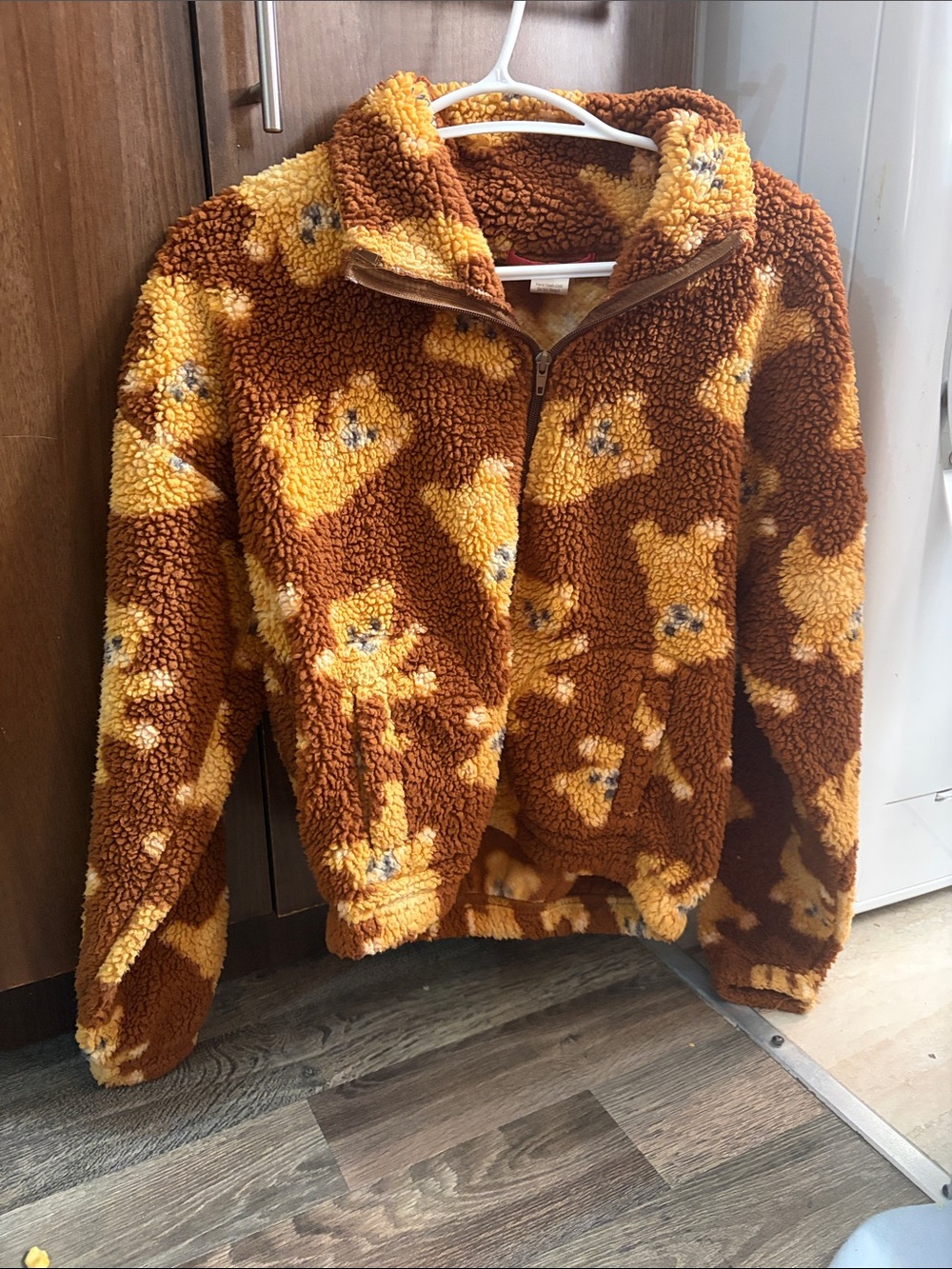 Kids Plush Teddy Print Zip-Up Jacket - Brown & Yellow